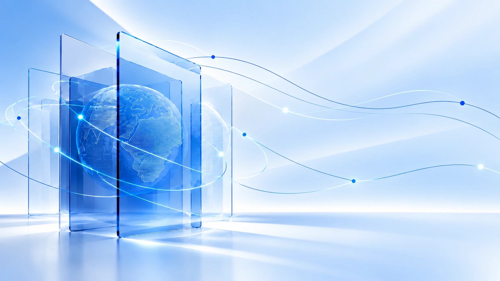 Translucent blue glass panels surrounding a dotted globe with flowing network lines